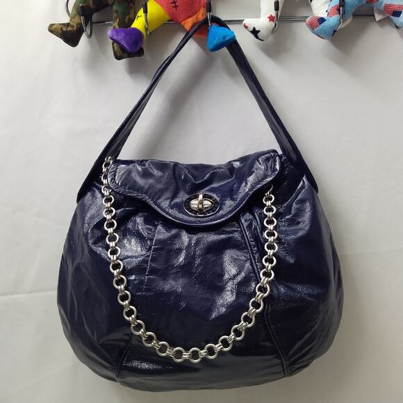 Mar by Marc Jacobs Blue Patent Leather Turnlock Flap Closure Hobo Shoulder Bag - Picture 1 of 16